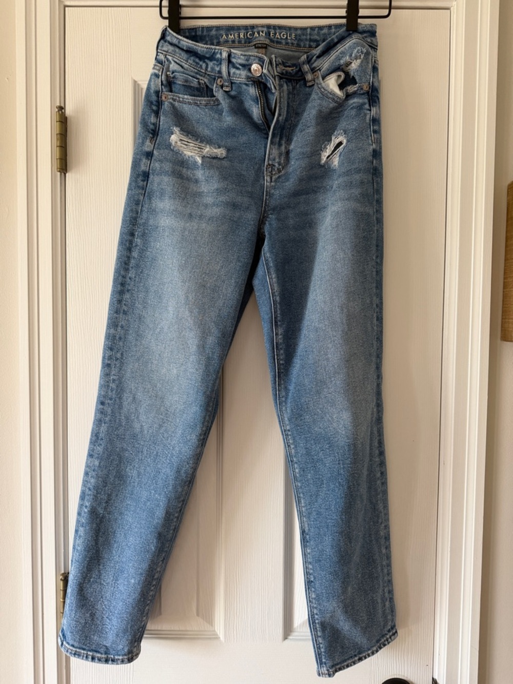 American Eagle Outfitters Women's Light Blue Straight Leg Distressed Jeans